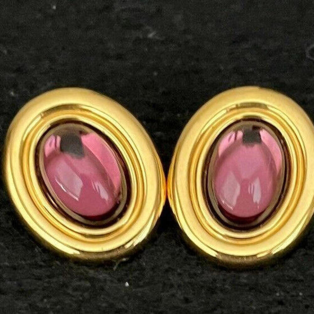 Oval Gold Plated Pierced Earrings with Purple Glass Centers